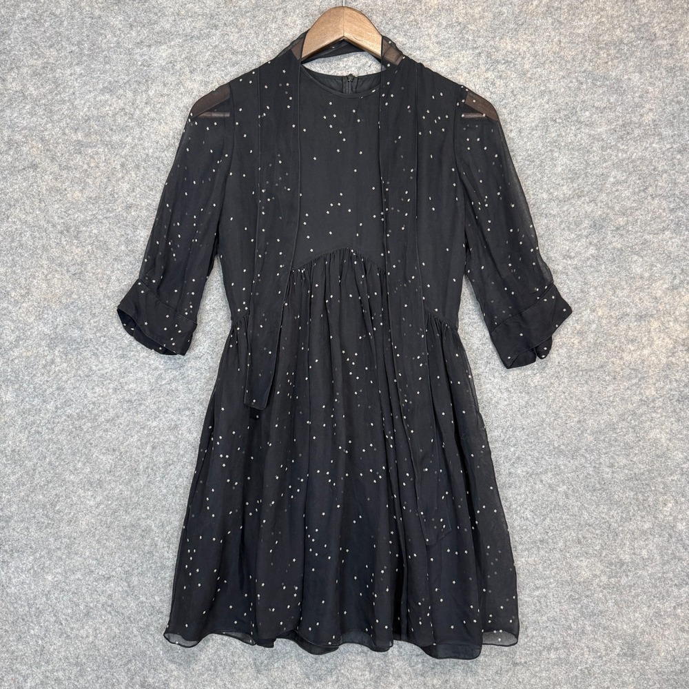 Morgane Le Fay 100% Silk Chiffon Star Print Mini Dress Womens Small Neck Tie